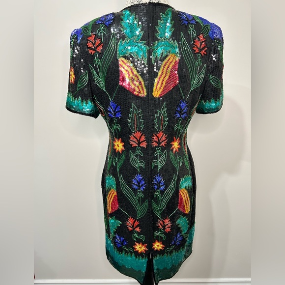 Vintage 80’s silk sequins fully beaded floral design knee length formal dress - Picture 10 of 16